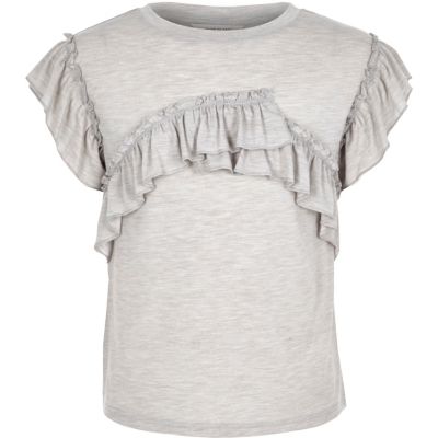 Girls grey marl frill T-shirt